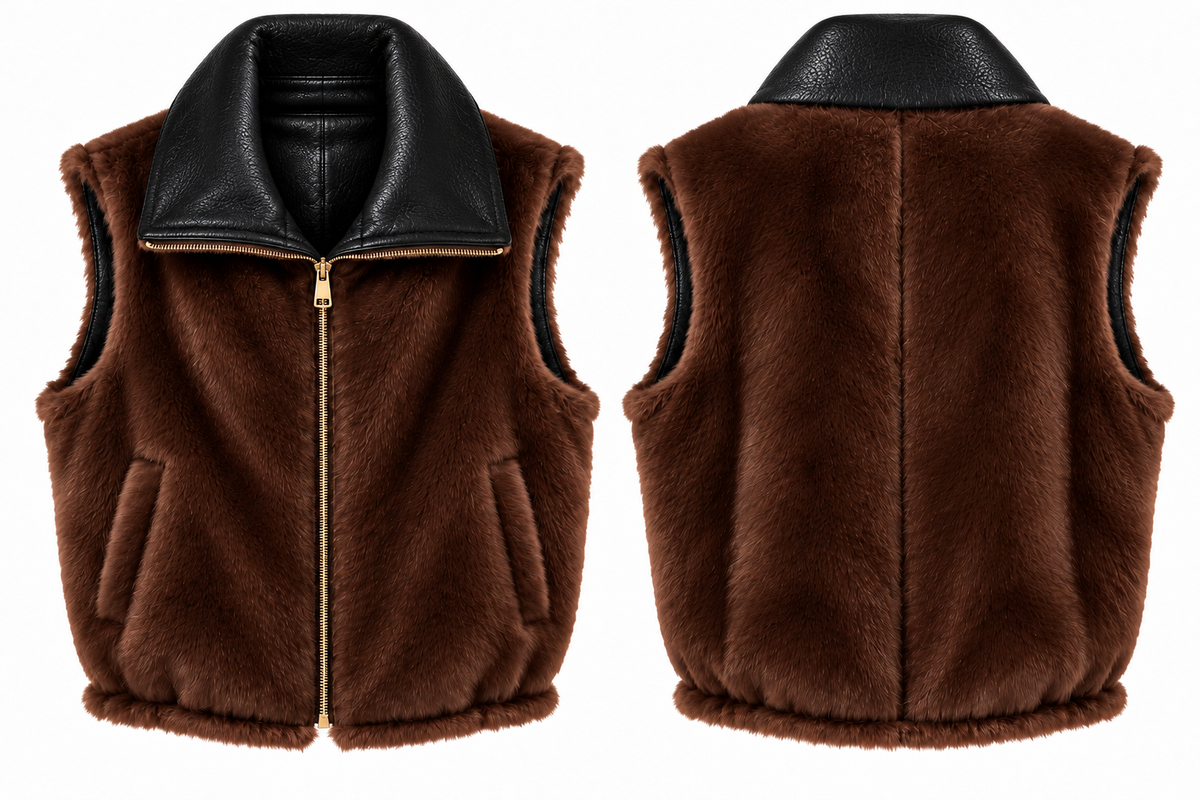 GILET SANS MANCHES RÉVERSIBLE EN SIMILICUIR NOIR & FOURRURE MARRON