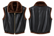 GILET SANS MANCHES RÉVERSIBLE EN SIMILICUIR NOIR & FOURRURE MARRON