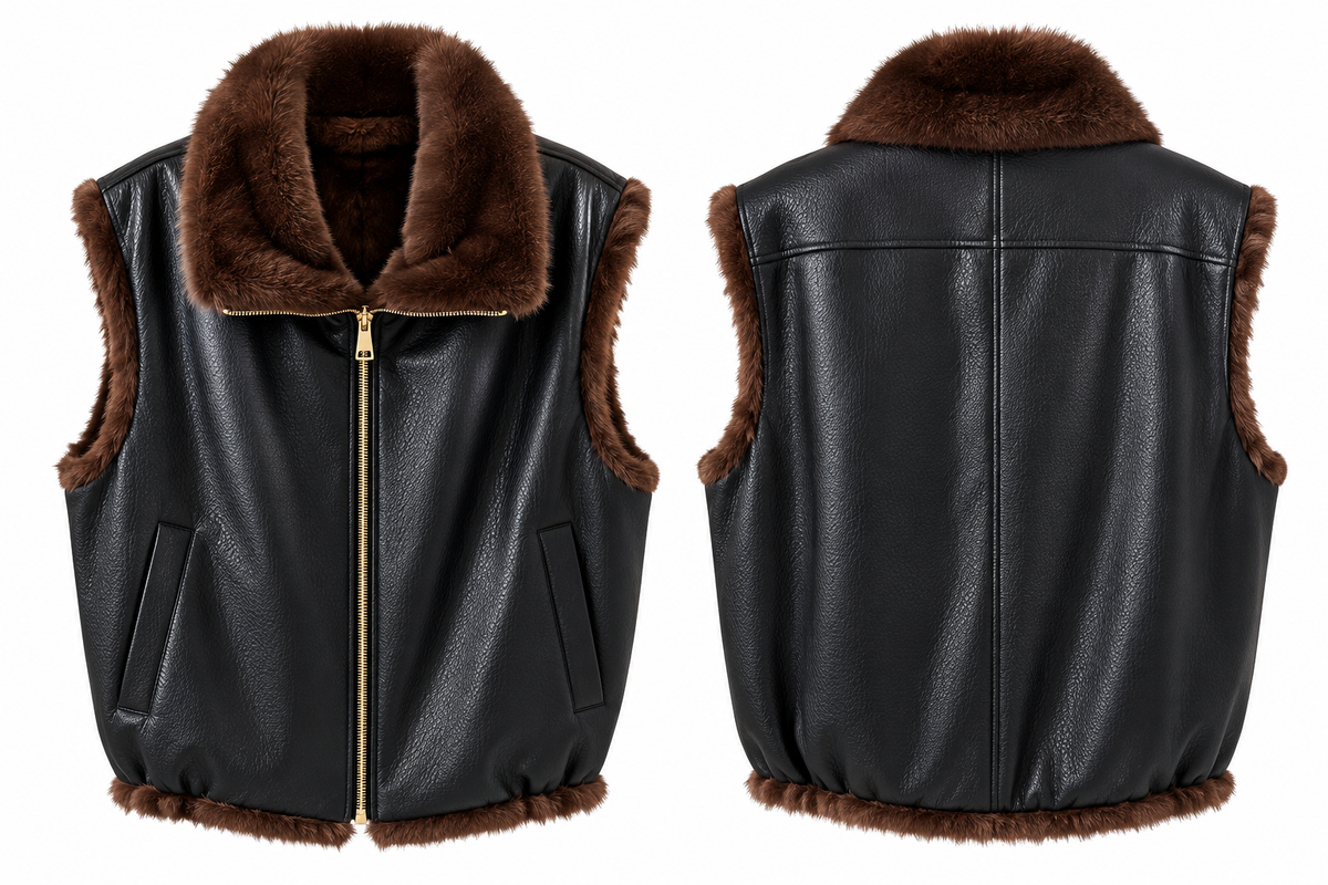GILET SANS MANCHES RÉVERSIBLE EN SIMILICUIR NOIR & FOURRURE MARRON