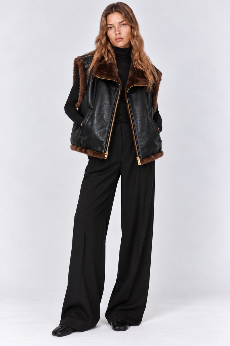 GILET SANS MANCHES RÉVERSIBLE EN SIMILICUIR NOIR & FOURRURE MARRON